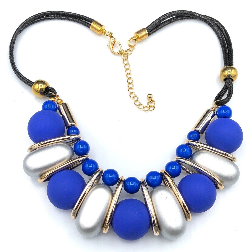 Vintage Chunky Blue Plastic Beaded Necklace Matte Silver Gold Tone Nautical Bib - Picture 2 of 5